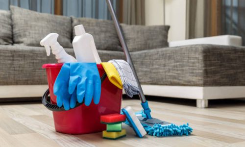 istockphoto-654153664-612x612 Cleaning service. Bucket with sponges, chemicals bottles and mopping stick. Rubber gloves and towel. Household equipment.